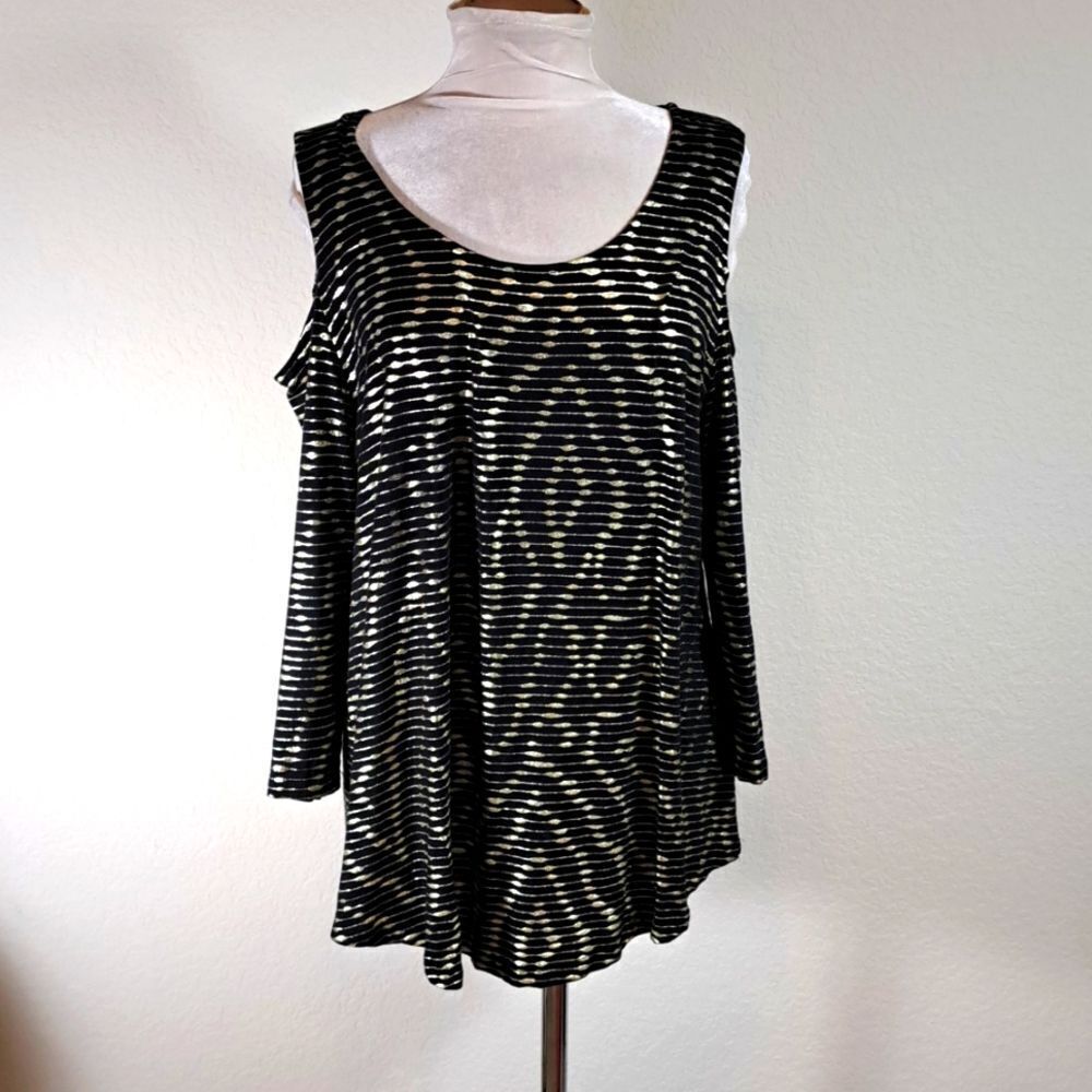 JM Collection Women’s Top Large Black Gold Metallic Cold Shoulder 3/4 Sleeves
